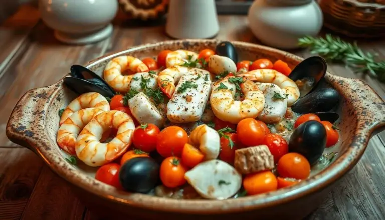 Try this easy seafood bake recipe loaded with shrimp, scallops, and crab in a creamy, cheesy sauce baked to golden perfection